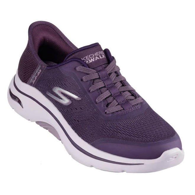The right foot showing the side and front of Skechers Go Walk Arch Fit Valencia slip-in walking shoes in plum purple color with a lace-up closure, Heel Pillow, and Arch Fit insole.