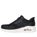 Side view of a Skechers black womens uno Banksia slip in with a white sole.,
198376467814,
198376467838,
198376467852,, 45033, 45034, 45035, 45036, 198376467814, 45038, 198376467838, 45040, 198376467852, 45042