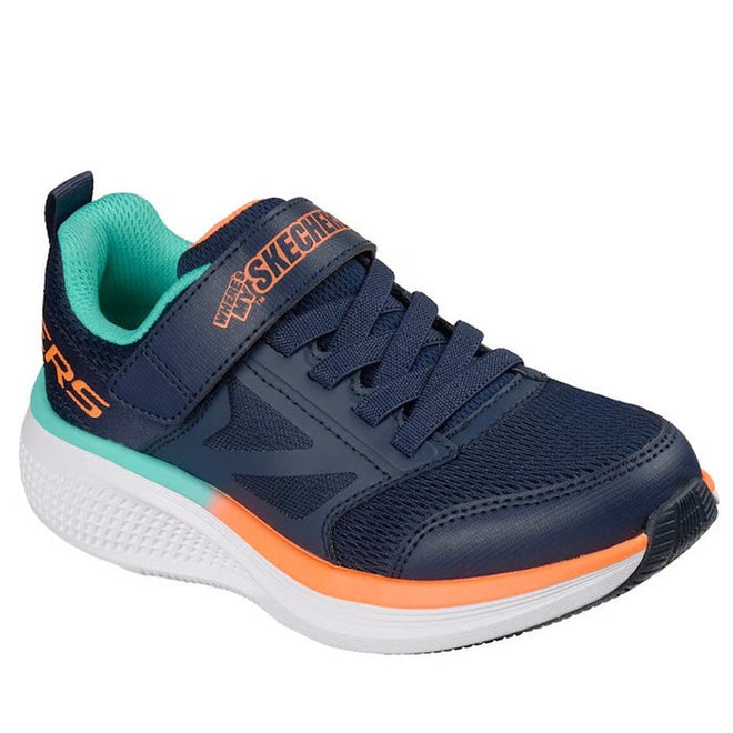 The Skechers Boys Go Run Elevate 2.0 Where's My Skechers? Navy Trainer features a navy design with teal lining, orange accents, white sole, Velcro strap with laces, and a hidden Apple AirTag-compatible locator compartment.