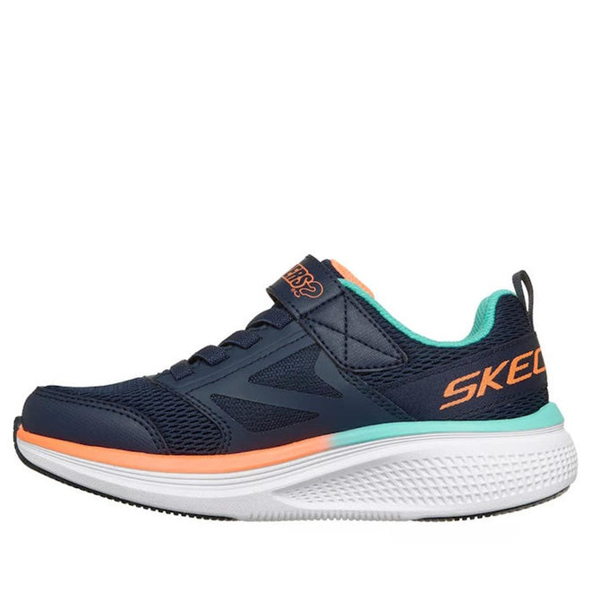 The Skechers Boys Go Run Elevate 2.0 Where's My Skechers? Navy Trainer features a navy mesh upper with light blue, orange, and teal accents, white sole, Velcro strap, Apple AirTag compatible tag pocket, and orange “SKECHERS” logo., 198739878851, 198739878875, 198739878899, 198739878912, 198739878936, 198739878950, 198739878974