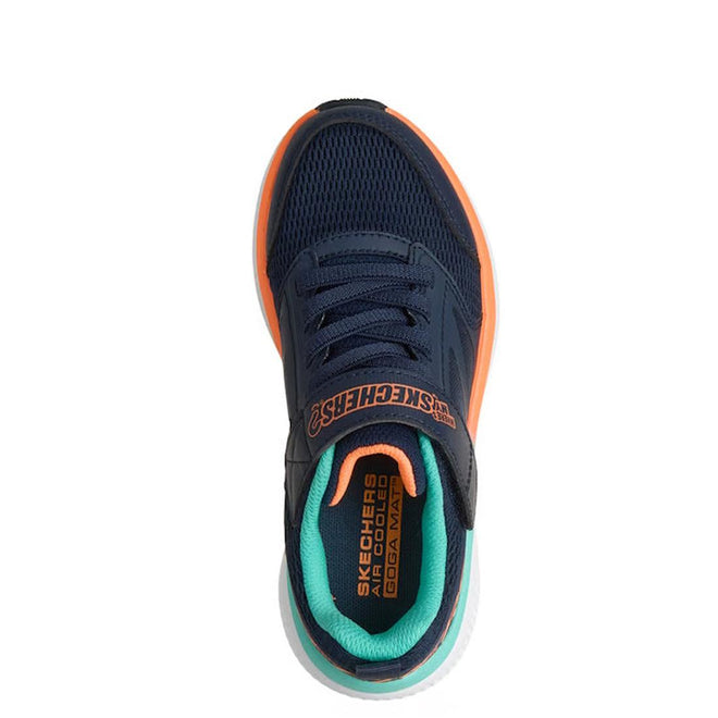 Top view of the Skechers Boys Go Run Elevate 2.0 "Where's My Skechers?" Navy Trainer, featuring a mesh upper, hook-and-loop strap, orange and teal accents, SKECHERS branding, and an Apple AirTag-compatible hidden locator tag compartment., 198739878851, 198739878875, 198739878899, 198739878912, 198739878936, 198739878950, 198739878974