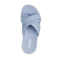 A single Skechers Go Walk Flex Women's Sandal Slide Butterfly Bliss in periwinkle, featuring textured crisscross straps and a cushioned Goga Mat footbed with visible branding near the heel, viewed from above., 47970, 47971, 199025957625, 199025957632, 199025957649, 199025957656, 47976