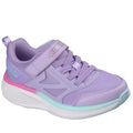 The Skechers Girls Go Run Elevate 2.0 Where's My Skechers? Lavender Trainer features a kids' design with lavender mesh, pink and aqua accents, Velcro strap, white sole, and an Apple AirTag compatible hidden tag compartment.