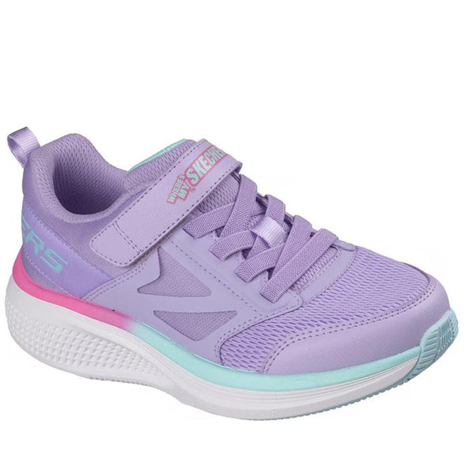 The Skechers Girls Go Run Elevate 2.0 Where's My Skechers? Lavender Trainer features a kids' design with lavender mesh, pink and aqua accents, Velcro strap, white sole, and an Apple AirTag compatible hidden tag compartment.