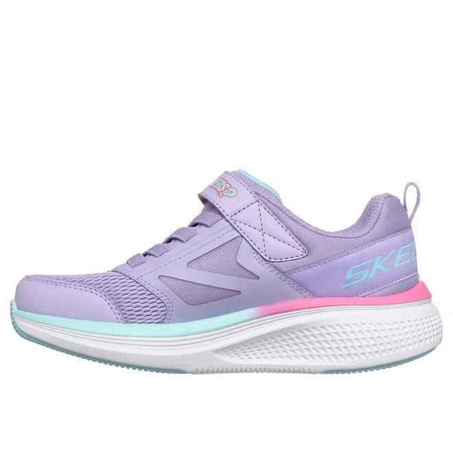 The Skechers Girls Go Run Elevate 2.0 Where's My Skechers? Lavender Trainer features light purple mesh, a mint green sole edge, pink accents, a hook-and-loop strap, hidden locator tag compartment, SKECHERS heel branding, and a white textured sole., 198739630640, 198739630664, 198739630688, 198739630701, 198739630725, 49249