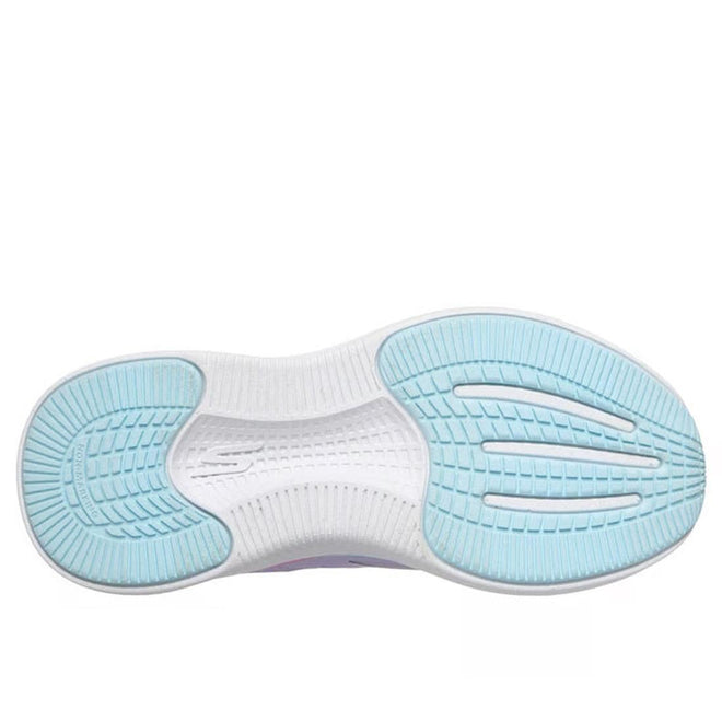 The image shows the sole of the Skechers Girls Go Run Elevate 2.0 Where's My Skechers? Lavender Trainer, with a textured white base, light blue tread at the toe and heel for traction, and a hidden compartment compatible with Apple AirTag., 198739630640, 198739630664, 198739630688, 198739630701, 198739630725, 49249