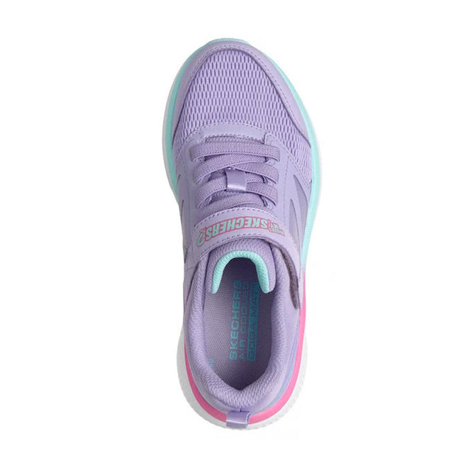 Top view of the Skechers Girls Go Run Elevate 2.0 Where's My Skechers? Lavender Trainer, featuring aqua and pink accents, mesh upper, visible branding, and a hidden AirTag-compatible locator tag compartment on a white background., 198739630640, 198739630664, 198739630688, 198739630701, 198739630725, 49249