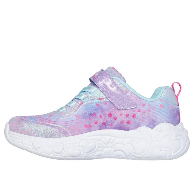 The Skechers Girls S Lights Eternal Heart Lights Trainer is a pastel tie-dye sneaker in blue, pink, and purple with pink hearts, a Velcro strap, sparkle mesh details, and a thick white sole decorated with heart patterns., 198376510503, 198376510527, 198376510541, 198376510565