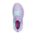 Top view of the Skechers Girls S Lights Eternal Heart Lights Trainer, showcasing a light blue and pink gradient design with heart accents and sparkle mesh detailing for extra shine. The insole is branded with S-Lights Heart Lights., 198376510503, 198376510527, 198376510541, 198376510565