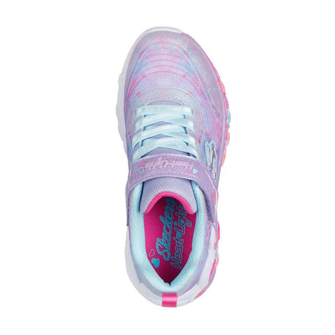 Top view of the Skechers Girls S Lights Eternal Heart Lights Trainer, showcasing a light blue and pink gradient design with heart accents and sparkle mesh detailing for extra shine. The insole is branded with S-Lights Heart Lights., 198376510503, 198376510527, 198376510541, 198376510565