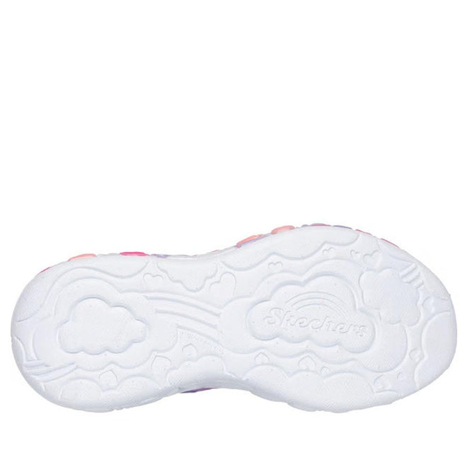 The image shows the white sole of the Skechers Girls S Lights Eternal Heart Lights Trainer, featuring cloud-shaped patterns and an embossed Skechers logo for grip on these light-up trainers., 198376510503, 198376510527, 198376510541, 198376510565