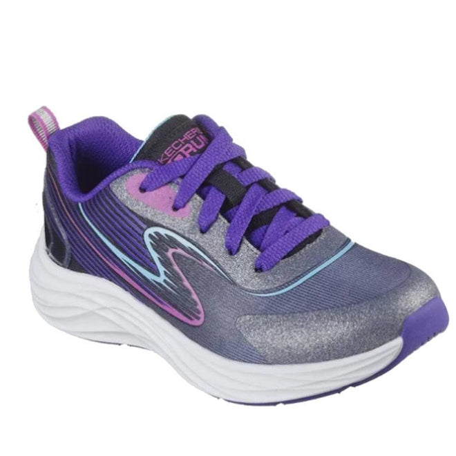The Skechers Girls Youths Go Run Accelerate Sweet Speed Black Multi Lace Up is a kids' athletic sneaker with a vibrant purple, pink, and blue design, cushioned insole, white sole, purple laces, and sporty wavy side detail—ideal for training.