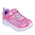 The Skechers S Lights Heart Lights Boogie Love Hot Pink Multi sneaker features heart patterns, a “Heart Lights” strap label, turquoise pull tab, colorful side S logo, and sparkly details kids adore.