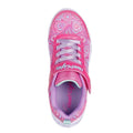 The Skechers S Lights Heart Lights Boogie Love Hot Pink Multi is a pink and purple children’s sneaker with heart patterns, purple laces, a Velcro strap, light-up feature, light purple interior, and white sole—perfect for kids who love sparkly shoes., 198376663469, 198376663483, 198376663506, 45364, 45365, 45366, 45367