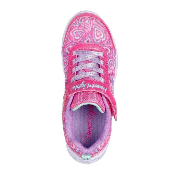 The Skechers S Lights Heart Lights Boogie Love Hot Pink Multi is a pink and purple children’s sneaker with heart patterns, purple laces, a Velcro strap, light-up feature, light purple interior, and white sole—perfect for kids who love sparkly shoes., 198376663469, 198376663483, 198376663506, 45364, 45365, 45366, 45367