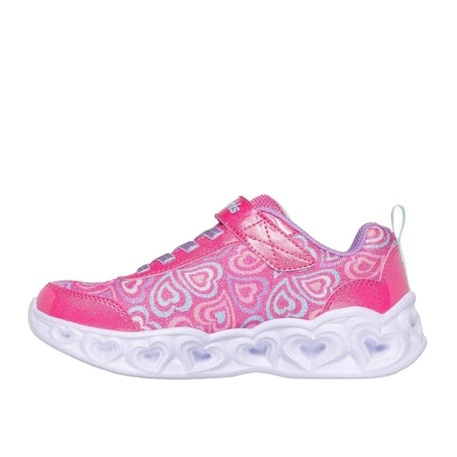 The Skechers S Lights Heart Lights Boogie Love Hot Pink Multi features a heart pattern, velcro strap, and thick white sole with embossed hearts—perfect sparkly kids’ shoes that add shine to every step., 198376663469, 198376663483, 198376663506, 45364, 45365, 45366, 45367