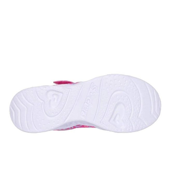 The image shows the white sole of the Skechers S Lights Heart Lights Boogie Love Hot Pink Multi sneaker, with embossed hearts, textured patterns, the Skechers logo at the center, and a glimpse of its hot pink multi upper., 198376663469, 198376663483, 198376663506, 45364, 45365, 45366, 45367