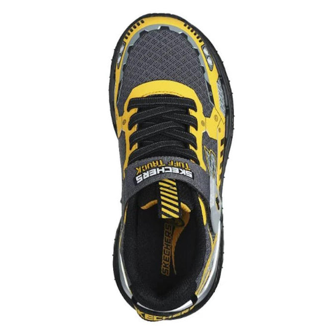 Top view of the Skechers Kids Skech Tracks Charcoal Yellow Tuff Truck Trainer, featuring mesh fabric, yellow laces, a SKECHERS TURF TRUCK velcro strap, vehicle theme details, and a cushioned insole for all-day comfort., 197627197722, 197627197746, 197627197760, 197627197784, 197627197807, 197627197821, 38355