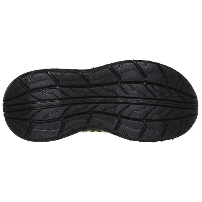 The image shows the black rubber outsole of the Skechers Kids Skech Tracks Charcoal Yellow Tuff Truck Trainer with a wavy tread for grip and traction, plus a cushioned insole for all-day comfort., 197627197722, 197627197746, 197627197760, 197627197784, 197627197807, 197627197821, 38355