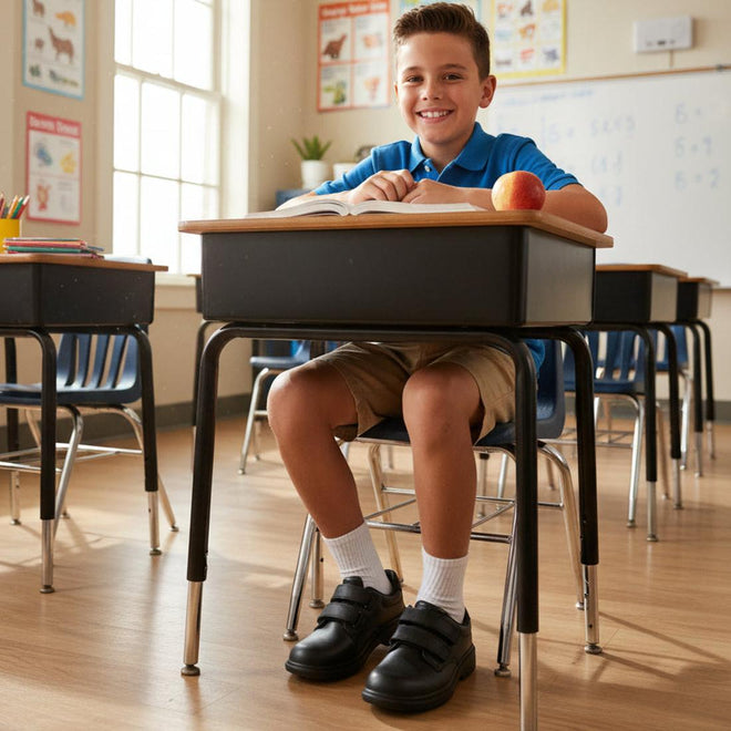 A smiling boy in a blue polo, khaki shorts, and Skechers Smooth Tracks Classic Stride Adjustable Black School Shoe sits at a classroom desk with an open book and an apple, surrounded by posters, a whiteboard, and empty desks., 50038, 199252479280, 199252479303, 199252479327, 199252479341, 199252479365, 199252479389, 50045, 50046