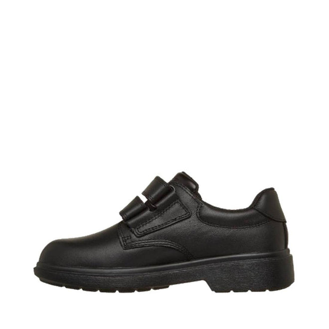 The Skechers Smooth Tracks Classic Stride Adjustable Black School Shoe features full grain leather, a rounded toe, textured sole, and two hook-and-loop straps—ideal for school uniforms. Shown here on a white background., 50038, 199252479280, 199252479303, 199252479327, 199252479341, 199252479365, 199252479389, 50045, 50046