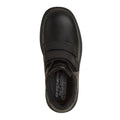 Top view of the Skechers Smooth Tracks Classic Stride Adjustable Black School Shoe with two hook-and-loop straps, memory foam insole, and full-grain leather—perfect for school uniforms on a white background., 50038, 199252479280, 199252479303, 199252479327, 199252479341, 199252479365, 199252479389, 50045, 50046