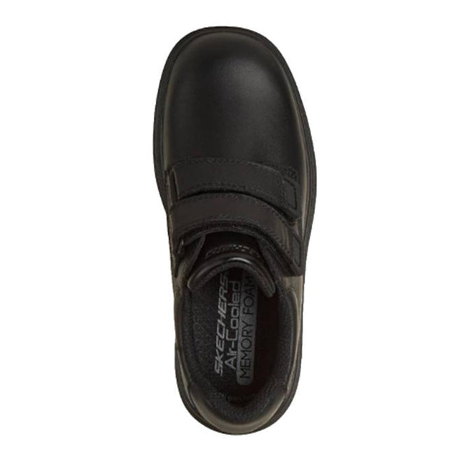 Top view of the Skechers Smooth Tracks Classic Stride Adjustable Black School Shoe with two hook-and-loop straps, memory foam insole, and full-grain leather—perfect for school uniforms on a white background., 50038, 199252479280, 199252479303, 199252479327, 199252479341, 199252479365, 199252479389, 50045, 50046