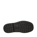 Black rubber outsole with grid tread and an embossed "S" logo, designed for the Skechers Smooth Tracks Classic Stride Adjustable Black School Shoe—ideal for school uniforms. Shown against a white background., 50038, 199252479280, 199252479303, 199252479327, 199252479341, 199252479365, 199252479389, 50045, 50046