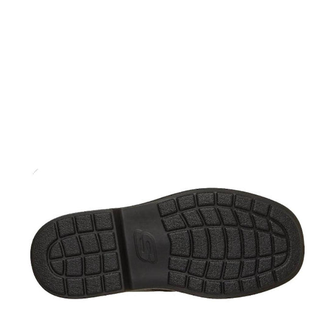 Black rubber outsole with grid tread and an embossed "S" logo, designed for the Skechers Smooth Tracks Classic Stride Adjustable Black School Shoe—ideal for school uniforms. Shown against a white background., 50038, 199252479280, 199252479303, 199252479327, 199252479341, 199252479365, 199252479389, 50045, 50046