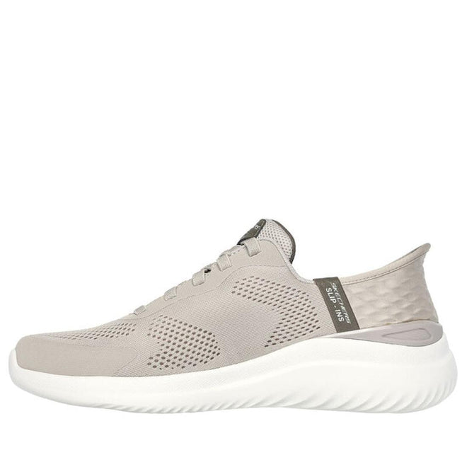 The Skechers Mens Slip Ins Bounder 2.0 Emerged Taupe features a light gray mesh upper with subtle perforations, a memory foam insole, and a white textured sole, displayed here in a side profile view., 42449, 42450, 196989485171, 42452, 196989485195, 42454, 196989485218