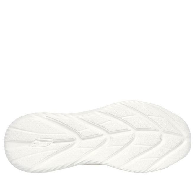 The image shows the white rubber sole of the Skechers Mens Slip Ins Bounder 2.0 Emerged Taupe sneaker, featuring a wavy tread pattern and a subtle S logo, suggesting it is from the Slip-ins collection., 42449, 42450, 196989485171, 42452, 196989485195, 42454, 196989485218