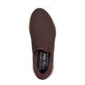 Top view of the Skechers Mens Slip Ins Relaxed Fit Equalizer 6.0 Stoaver Brown slip-on shoe, featuring a brown mesh upper, white sole, and visible Slip-ins and Air-Cooled Memory Foam insole labels.