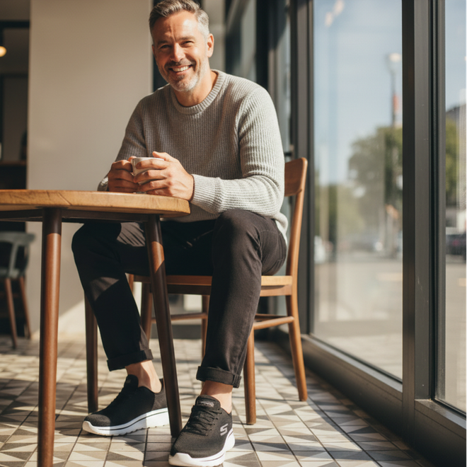 A smiling man sits by a sunny window, holding a cup. He wears a light grey sweater, black pants, and Skechers Mens Slip In Go Walk Arch Fit Lace Up N-Joy Lenny Black White sneakers for comfort and style., 198739977240, 198739977264, 198739977288, 198739977301, 198739977325, 198739977349