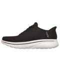 The Skechers Mens Slip In Go Walk Arch Fit Lace Up N-Joy Lenny Black White features a black mesh upper, thick white sole, black laces, “Skechers Slip-Ins” heel text, and Arch Fit technology for support; shown in side profile facing left., 198739977240, 198739977264, 198739977288, 198739977301, 198739977325, 198739977349