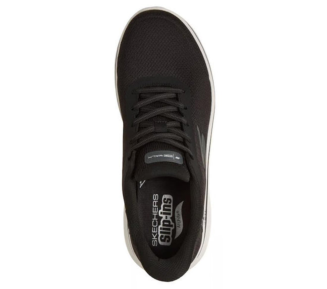 Top view of a Skechers Mens Slip In Go Walk Arch Fit Lace Up N-Joy Lenny in black/white, featuring a white sole, black laces, Air Cooled Memory Foam cushioning, and a visible Skechers Slip-ins label on the insole., 198739977240, 198739977264, 198739977288, 198739977301, 198739977325, 198739977349