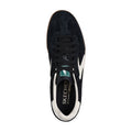 Top view of the Skechers Mens Hot Shot Azir Black Neutral Lace Up Sneaker featuring white side detailing, black laces, and a visible Skechers Air-Cooled Memory Foam label on the insole.