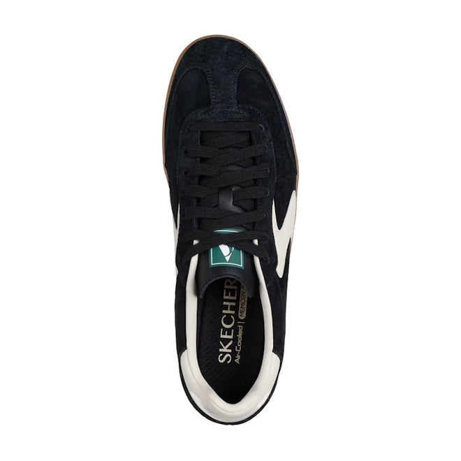 Top view of the Skechers Mens Hot Shot Azir Black Neutral Lace Up Sneaker featuring white side detailing, black laces, and a visible Skechers Air-Cooled Memory Foam label on the insole.