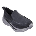 The Skechers Mens Slade Muson Black Slip on Trainer features a black and gray mesh upper, cushioned sole, heel pull tab, Relaxed Fit design, and Air-Cooled Memory Foam for sporty, comfortable casual wear.