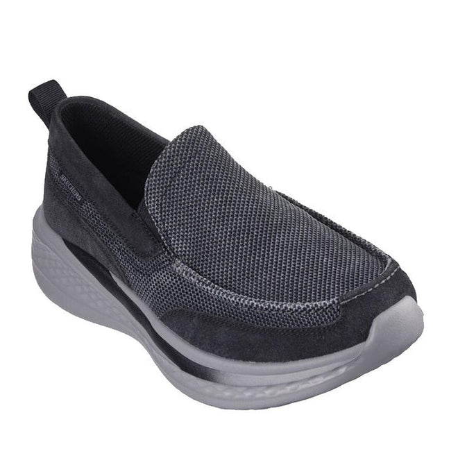 The Skechers Mens Slade Muson Black Slip on Trainer features a black and gray mesh upper, cushioned sole, heel pull tab, Relaxed Fit design, and Air-Cooled Memory Foam for sporty, comfortable casual wear.