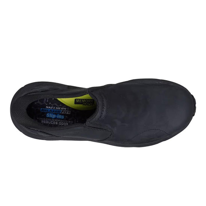 Top view of the Skechers Slip-ins Relaxed Fit: Conner - Rayne Mocc Sneaker Black, a men's slip-on with memory foam insole and Hands Free Slip-ins design, featuring “Slip-ins” branding on the inside heel., 52119, 52120, 198739677461, 198739677485, 198739677508