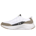 The Skechers Mens Slip In Contour Foam Cozy Fit in White Taupe features a thick wavy white sole, grey accents on the heel and toe, a black side stripe with two small white eyelets, and Hands Free Slip-ins design for easy wear., 48963, 48964, 197976822160, 197976822177, 197976822184, 197976822191, 197976822207