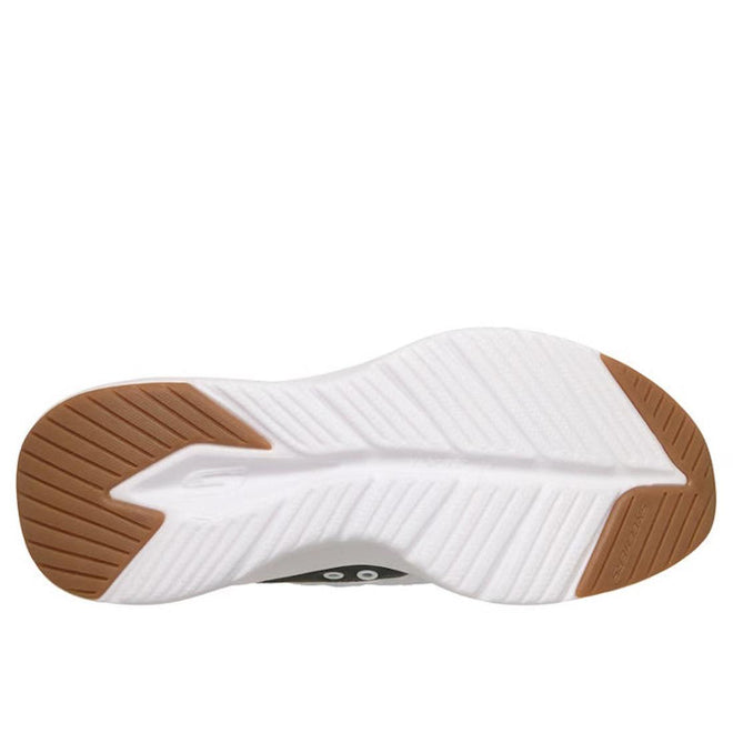 The image shows the bottom view of Skechers Mens Slip In Contour Foam Cozy Fit White Taupe, featuring a white middle sole, textured grip patterns, and light brown rubber patches at the toe and heel for enhanced comfort., 48963, 48964, 197976822160, 197976822177, 197976822184, 197976822191, 197976822207