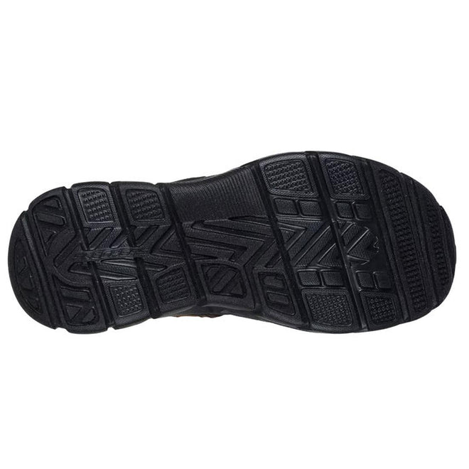 The image shows the black rubber outsole of the Skechers Mens Revolted SS Merrick Slip In Sandals in dark brown, featuring a textured, patterned tread with angular grooves and rectangular lugs for superior grip, traction, and stability., 47447, 47448, 197627623641, 197627623658, 197627623665, 47452, 47453