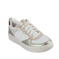 The Skechers Sport Court 92 Sheer Shine White Pink Gold is a chic white metallic leather sneaker with gold and blush pink accents, Sport Court 92 branding, white laces and sole, plus Air-Cooled Memory Foam for comfort all day.