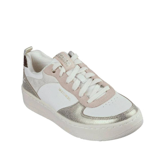 The Skechers Sport Court 92 Sheer Shine White Pink Gold is a chic white metallic leather sneaker with gold and blush pink accents, Sport Court 92 branding, white laces and sole, plus Air-Cooled Memory Foam for comfort all day.