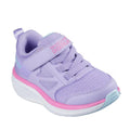 The Skechers Toddlers Go Run Elevate 2.0 Where's My Skechers Lavender Trainer is a kids’ sneaker with pink accents, mesh details, Velcro strap showing "Skechers GO RUN," a white sole with blue tread, and an Air-Cooled Goga Mat insole.