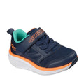 The Skechers Toddlers Go Run Elevate 2.0 Where's My Skechers Navy Trainer features orange and teal accents, mesh fabric, a white sole, Velcro strap labeled Skechers, and a hidden locator tag compartment for added security.