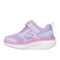 The Skechers Toddlers Go Run Elevate 2.0 Where's My Skechers Lavender Trainer features a lavender color, pink stripe, thick white sole, light blue accents, Air-Cooled Goga Mat insole, velcro strap closure, and is shown in side profile., 49240, 198739630862, 198739630879, 198739630886