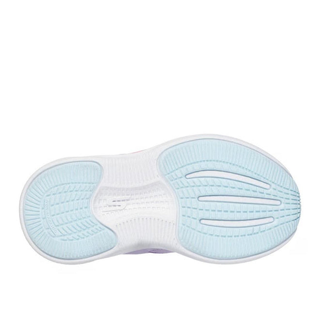 The image shows the lavender and white rubber sole of a Skechers Toddlers Go Run Elevate 2.0 Where's My Skechers Trainer, featuring textured patterns for grip and two curved grooves near the toe., 49240, 198739630862, 198739630879, 198739630886