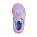 A top view of the Skechers Toddlers Go Run Elevate 2.0 Where's My Skechers Lavender Trainer shows light purple mesh, pink and aqua accents, laces, a hook-and-loop strap, Air-Cooled Goga Mat insole, and visible branding on tongue and side., 49240, 198739630862, 198739630879, 198739630886